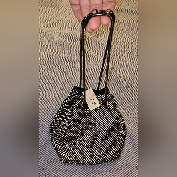 Black & Silver Mini Bucket Bag Crossbody Cinch w/Diamond Encrusted Detail - Picture 6 of 7